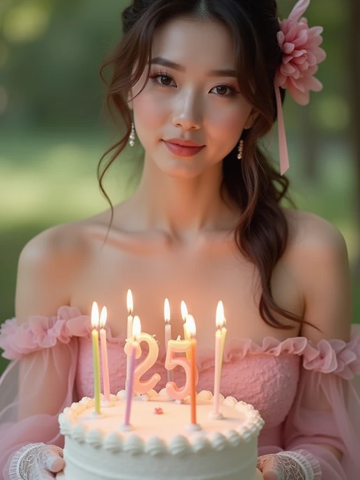 model posing with a birthday cake with candles, wearing if(gender=f){a vintage-style pink birthday dress and lace gloves} if(gender=m){a retro pink sweater vest and white pants}, festive picnic scene with ribbons and cake close-up