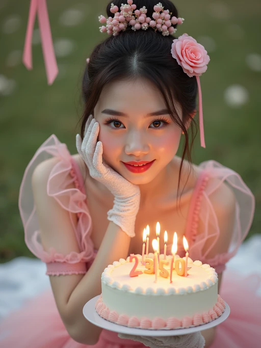 model posing with a birthday cake with candles, wearing if(gender=f){a vintage-style pink birthday dress and lace gloves} if(gender=m){a retro pink sweater vest and white pants}, festive picnic scene with ribbons and cake close-up