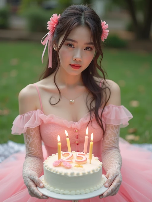 model posing with a birthday cake with candles, wearing if(gender=f){a vintage-style pink birthday dress and lace gloves} if(gender=m){a retro pink sweater vest and white pants}, festive picnic scene with ribbons and cake close-up