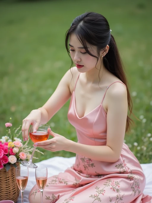 model pouring rosé or sparkling drink into a glass, wearing if(gender=f){a satin pink camisole and floral skirt} if(gender=m){a pink short-sleeve button-up and beige shorts}, with a decorated picnic setup, flowers and drinks visible