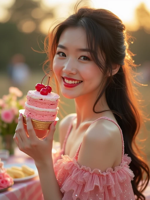 model holding a slice of pink cake with cherries, smiling at the camera, wearing if(gender=f){a sparkly pink party dress and glitter heels} if(gender=m){a light pink polo and khakis}, golden hour lighting, birthday picnic mood