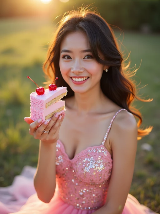 model holding a slice of pink cake with cherries, smiling at the camera, wearing if(gender=f){a sparkly pink party dress and glitter heels} if(gender=m){a light pink polo and khakis}, golden hour lighting, birthday picnic mood