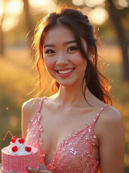 model holding a slice of pink cake with cherries, smiling at the camera, wearing if(gender=f){a sparkly pink party dress and glitter heels} if(gender=m){a light pink polo and khakis}, golden hour lighting, birthday picnic mood