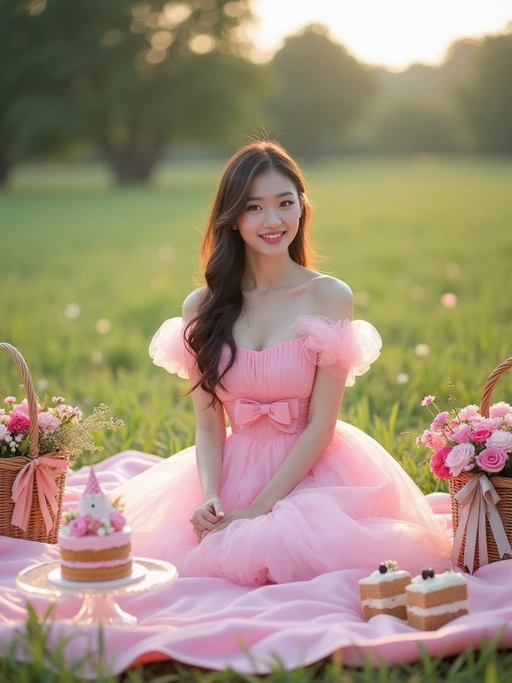 model sitting on a pink blanket in a grassy field, wearing if(gender=f){a pink tulle birthday dress with puff sleeves and bow} if(gender=m){a pastel pink linen shirt and white trousers}, surrounded by cake, flowers, and picnic baskets