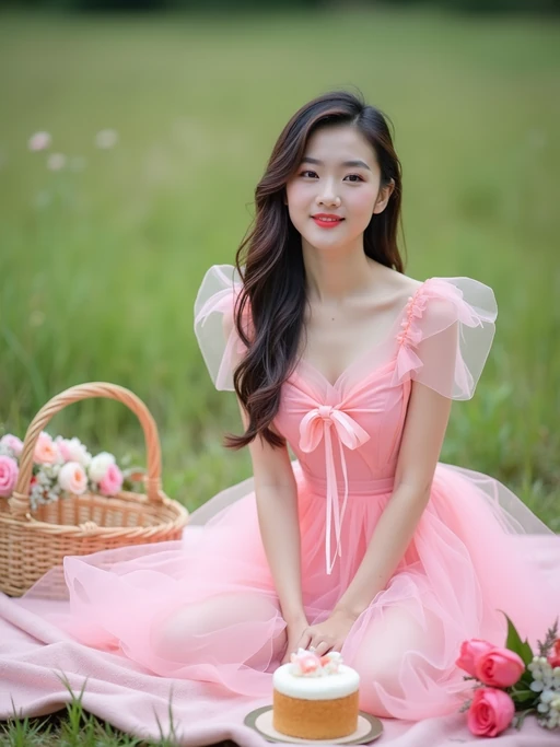 model sitting on a pink blanket in a grassy field, wearing if(gender=f){a pink tulle birthday dress with puff sleeves and bow} if(gender=m){a pastel pink linen shirt and white trousers}, surrounded by cake, flowers, and picnic baskets