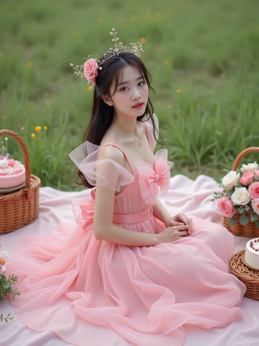 model sitting on a pink blanket in a grassy field, wearing if(gender=f){a pink tulle birthday dress with puff sleeves and bow} if(gender=m){a pastel pink linen shirt and white trousers}, surrounded by cake, flowers, and picnic baskets