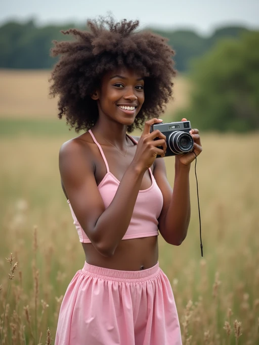 model with Polaroid camera in hand taking picnic photos, wearing if(gender=f){a soft pink crop top and skirt set} if(gender=m){a pink graphic tee and relaxed fit jeans}, candid vibe with playful birthday energy