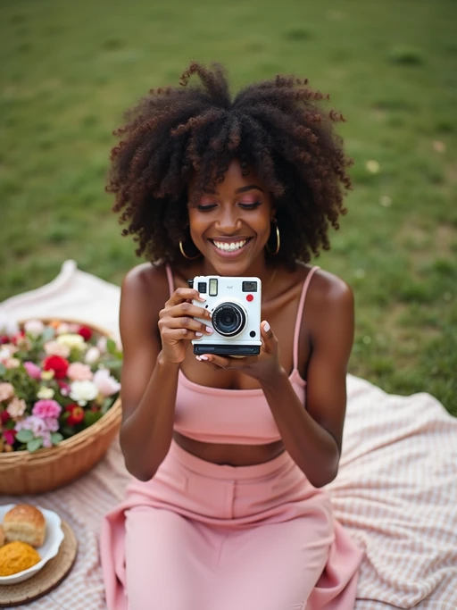 model with Polaroid camera in hand taking picnic photos, wearing if(gender=f){a soft pink crop top and skirt set} if(gender=m){a pink graphic tee and relaxed fit jeans}, candid vibe with playful birthday energy