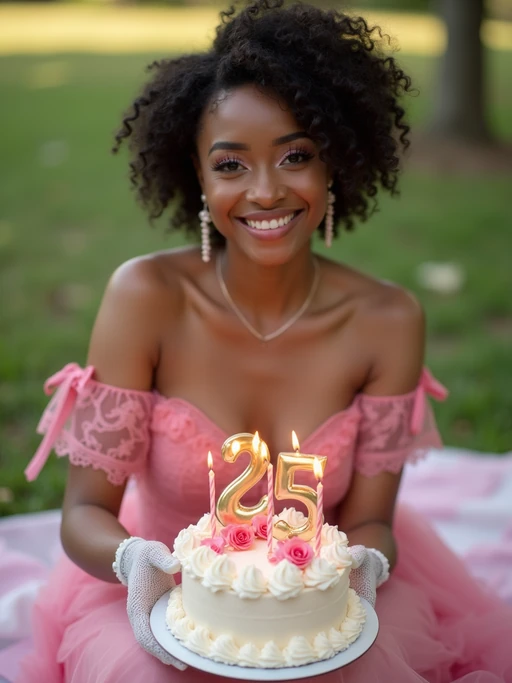 model posing with a birthday cake with candles, wearing if(gender=f){a vintage-style pink birthday dress and lace gloves} if(gender=m){a retro pink sweater vest and white pants}, festive picnic scene with ribbons and cake close-up
