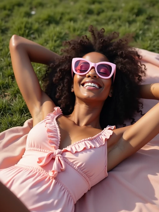 model lying back on a picnic blanket, relaxed and happy, wearing if(gender=f){a cute pastel romper with frills and pink sunglasses} if(gender=m){a casual pink tee and light jeans}, birthday picnic aesthetic with soft lighting