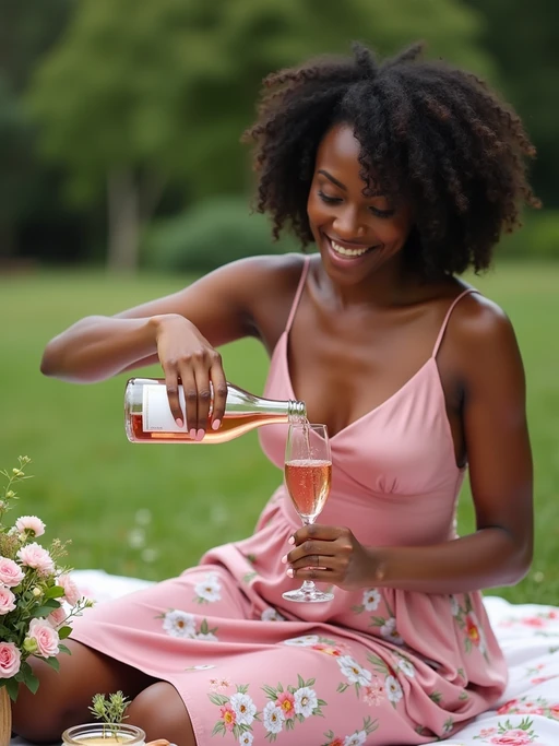 model pouring rosé or sparkling drink into a glass, wearing if(gender=f){a satin pink camisole and floral skirt} if(gender=m){a pink short-sleeve button-up and beige shorts}, with a decorated picnic setup, flowers and drinks visible