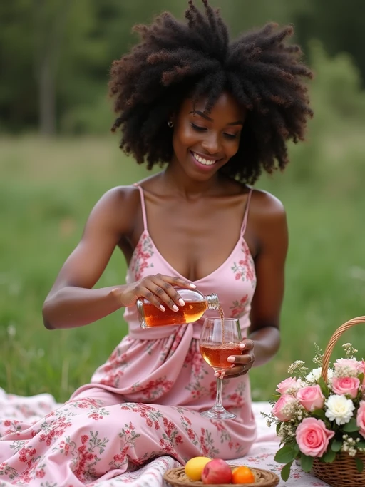 model pouring rosé or sparkling drink into a glass, wearing if(gender=f){a satin pink camisole and floral skirt} if(gender=m){a pink short-sleeve button-up and beige shorts}, with a decorated picnic setup, flowers and drinks visible