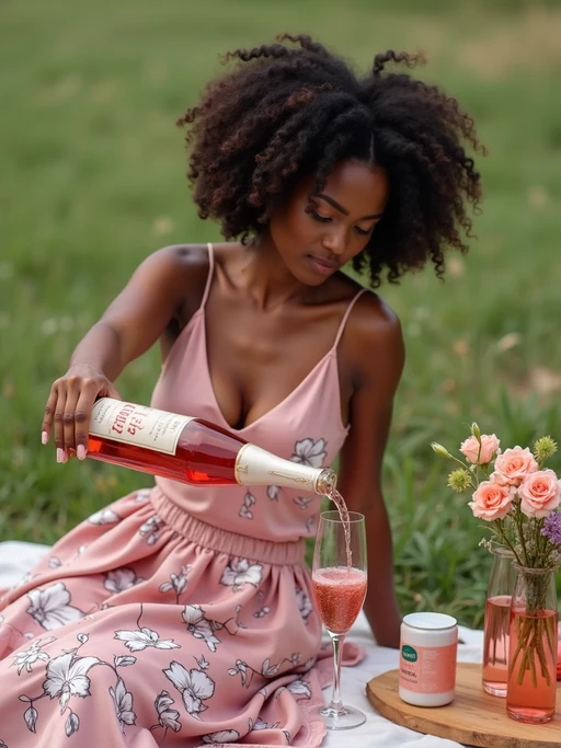 model pouring rosé or sparkling drink into a glass, wearing if(gender=f){a satin pink camisole and floral skirt} if(gender=m){a pink short-sleeve button-up and beige shorts}, with a decorated picnic setup, flowers and drinks visible