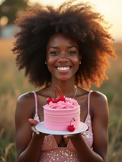 model holding a slice of pink cake with cherries, smiling at the camera, wearing if(gender=f){a sparkly pink party dress and glitter heels} if(gender=m){a light pink polo and khakis}, golden hour lighting, birthday picnic mood