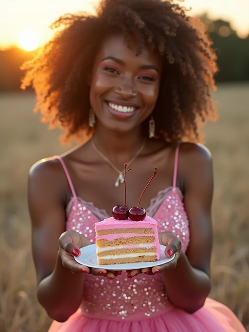 model holding a slice of pink cake with cherries, smiling at the camera, wearing if(gender=f){a sparkly pink party dress and glitter heels} if(gender=m){a light pink polo and khakis}, golden hour lighting, birthday picnic mood