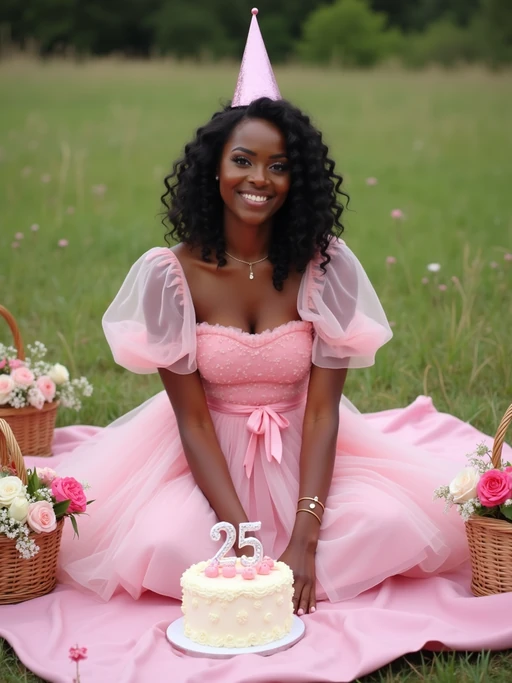 model sitting on a pink blanket in a grassy field, wearing if(gender=f){a pink tulle birthday dress with puff sleeves and bow} if(gender=m){a pastel pink linen shirt and white trousers}, surrounded by cake, flowers, and picnic baskets