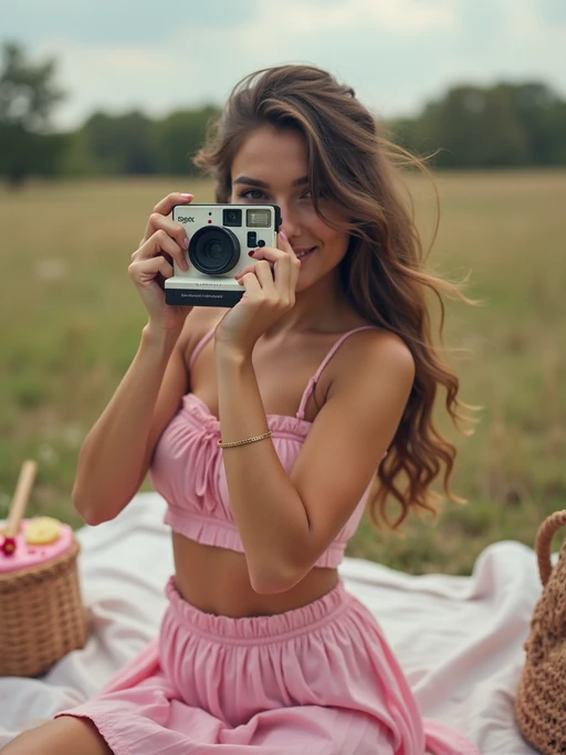 model with Polaroid camera in hand taking picnic photos, wearing if(gender=f){a soft pink crop top and skirt set} if(gender=m){a pink graphic tee and relaxed fit jeans}, candid vibe with playful birthday energy