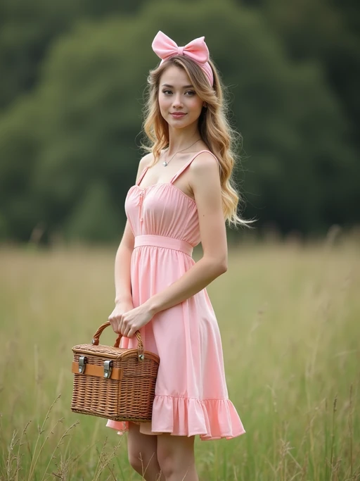 model standing with a picnic basket in hand, wearing if(gender=f){a pastel pink sundress with a bow headband} if(gender=m){a dusty rose shirt and cream shorts}, natural background, styled like a vintage birthday postcard