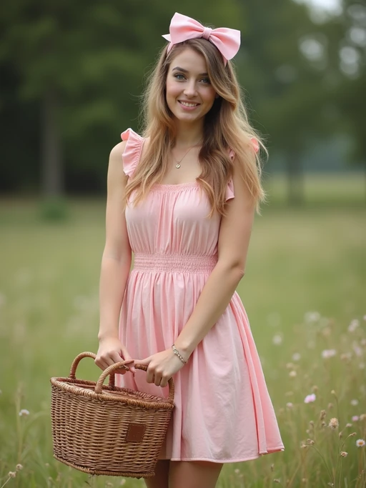 model standing with a picnic basket in hand, wearing if(gender=f){a pastel pink sundress with a bow headband} if(gender=m){a dusty rose shirt and cream shorts}, natural background, styled like a vintage birthday postcard
