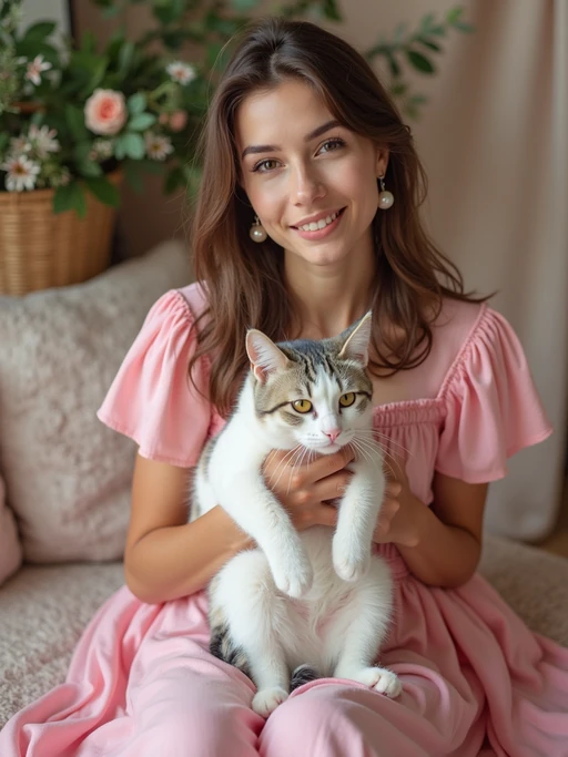 model holding a cat or pet on their lap, wearing if(gender=f){a cute pink dress with pearl earrings} if(gender=m){a pink hoodie and rolled-up chinos}, surrounded by picnic decor, soft pink theme