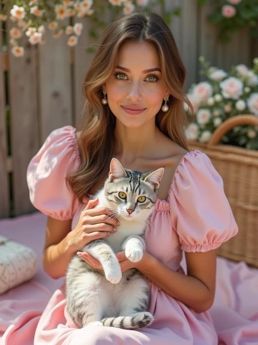 model holding a cat or pet on their lap, wearing if(gender=f){a cute pink dress with pearl earrings} if(gender=m){a pink hoodie and rolled-up chinos}, surrounded by picnic decor, soft pink theme
