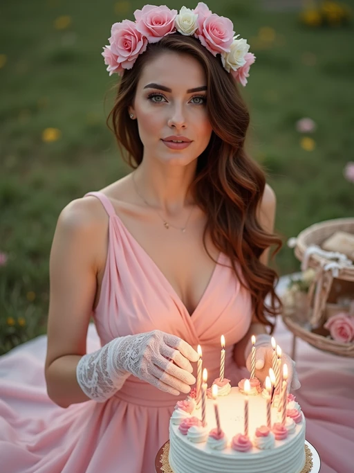 model posing with a birthday cake with candles, wearing if(gender=f){a vintage-style pink birthday dress and lace gloves} if(gender=m){a retro pink sweater vest and white pants}, festive picnic scene with ribbons and cake close-up