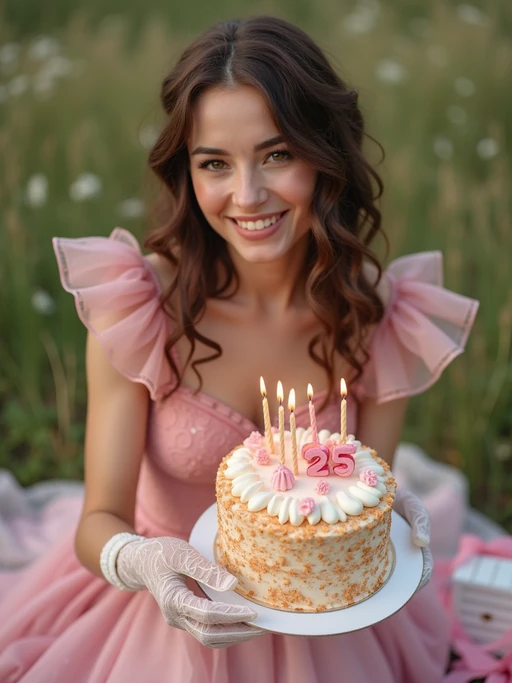 model posing with a birthday cake with candles, wearing if(gender=f){a vintage-style pink birthday dress and lace gloves} if(gender=m){a retro pink sweater vest and white pants}, festive picnic scene with ribbons and cake close-up