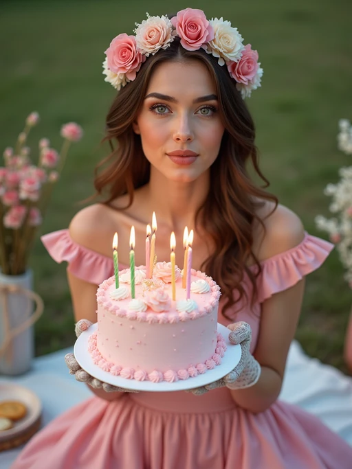 model posing with a birthday cake with candles, wearing if(gender=f){a vintage-style pink birthday dress and lace gloves} if(gender=m){a retro pink sweater vest and white pants}, festive picnic scene with ribbons and cake close-up