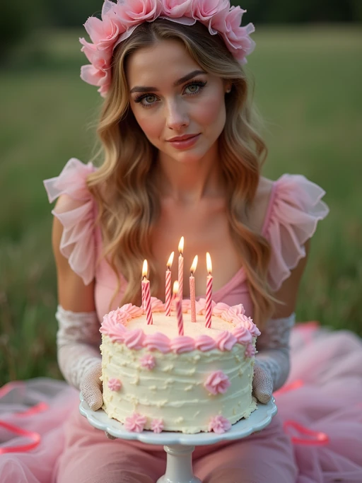model posing with a birthday cake with candles, wearing if(gender=f){a vintage-style pink birthday dress and lace gloves} if(gender=m){a retro pink sweater vest and white pants}, festive picnic scene with ribbons and cake close-up