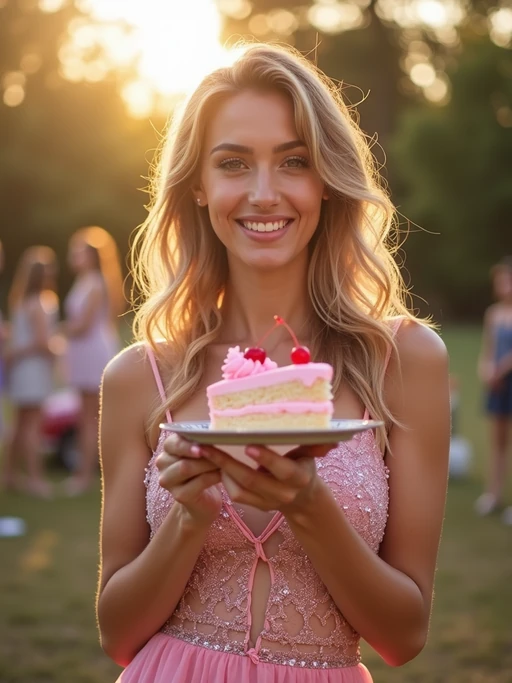 model holding a slice of pink cake with cherries, smiling at the camera, wearing if(gender=f){a sparkly pink party dress and glitter heels} if(gender=m){a light pink polo and khakis}, golden hour lighting, birthday picnic mood
