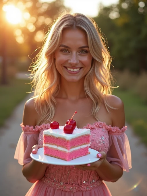 model holding a slice of pink cake with cherries, smiling at the camera, wearing if(gender=f){a sparkly pink party dress and glitter heels} if(gender=m){a light pink polo and khakis}, golden hour lighting, birthday picnic mood