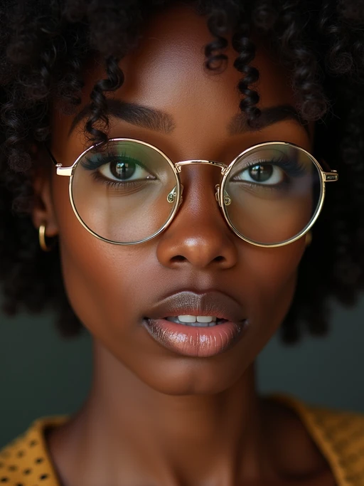 extreme close up portrait of model with gold rimmed glasses