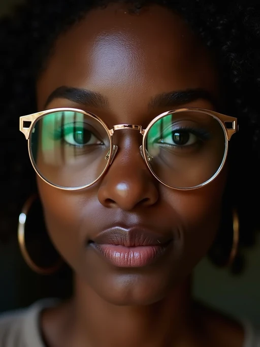 extreme close up portrait of model with gold rimmed glasses