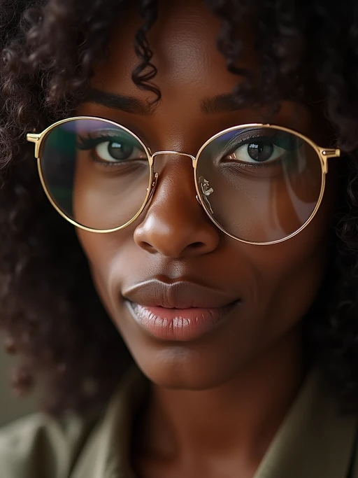 extreme close up portrait of model with gold rimmed glasses
