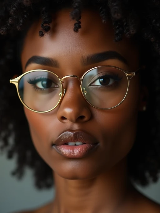 extreme close up portrait of model with gold rimmed glasses