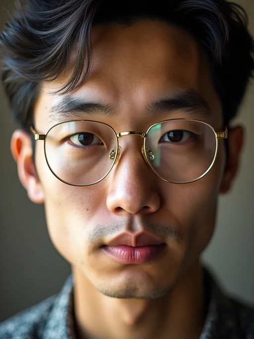 extreme close up portrait of model with gold rimmed glasses