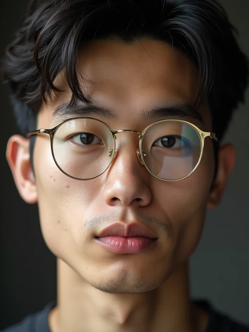 extreme close up portrait of model with gold rimmed glasses