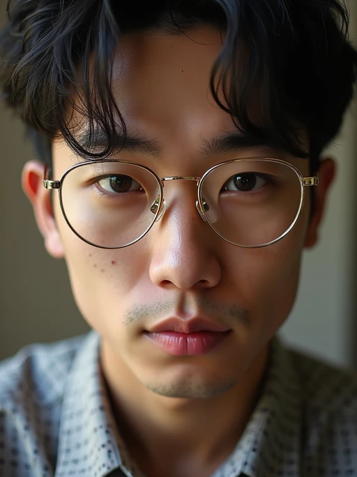 extreme close up portrait of model with gold rimmed glasses