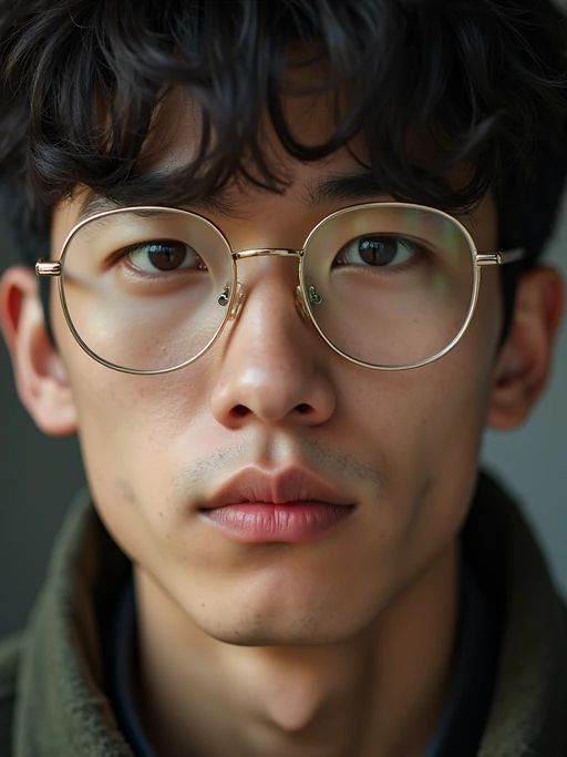 extreme close up portrait of model with gold rimmed glasses