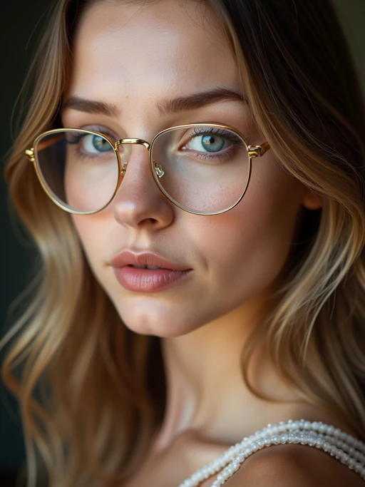 extreme close up portrait of model with gold rimmed glasses