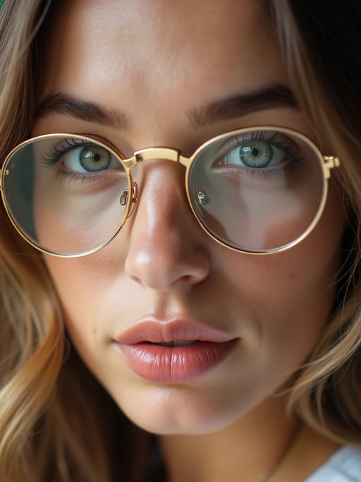 extreme close up portrait of model with gold rimmed glasses