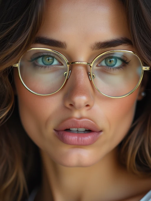extreme close up portrait of model with gold rimmed glasses