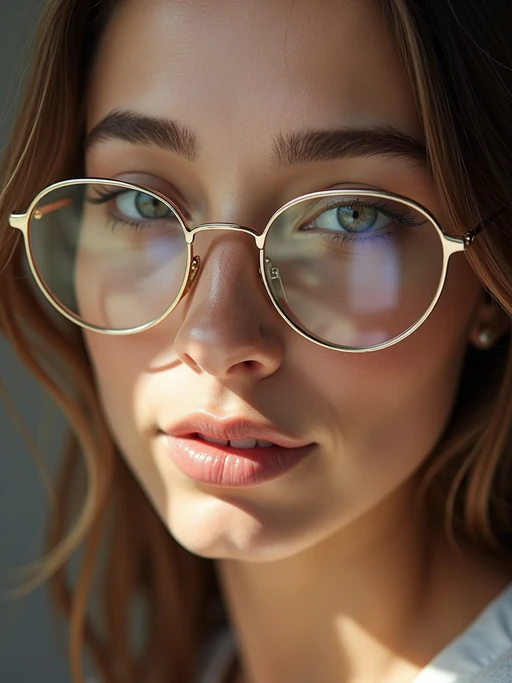 extreme close up portrait of model with gold rimmed glasses