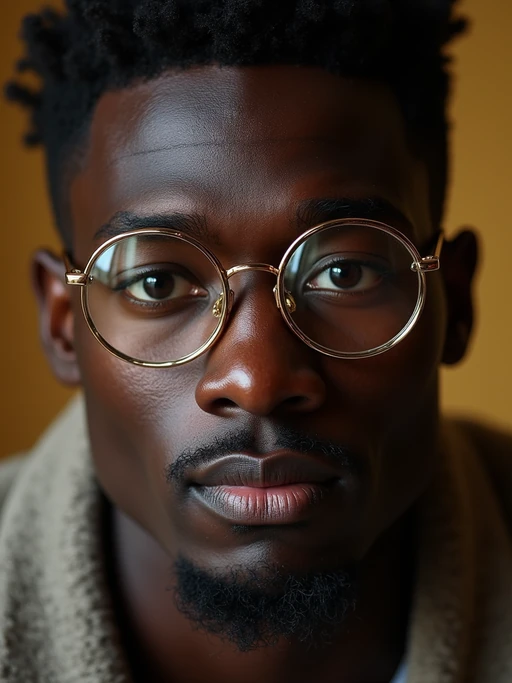 extreme close up portrait of model with gold rimmed glasses