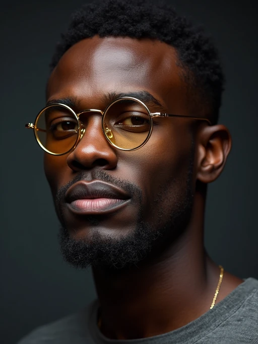 extreme close up portrait of model with gold rimmed glasses