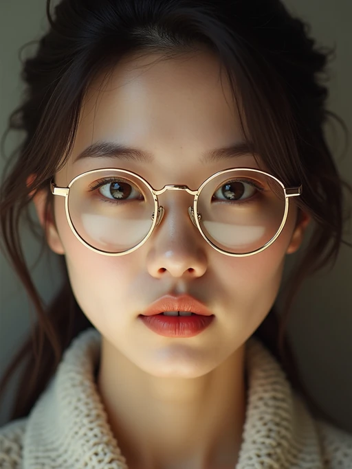 extreme close up portrait of model with gold rimmed glasses