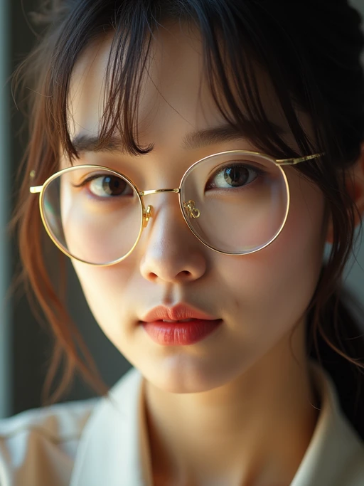 extreme close up portrait of model with gold rimmed glasses