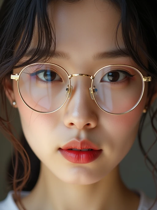 extreme close up portrait of model with gold rimmed glasses