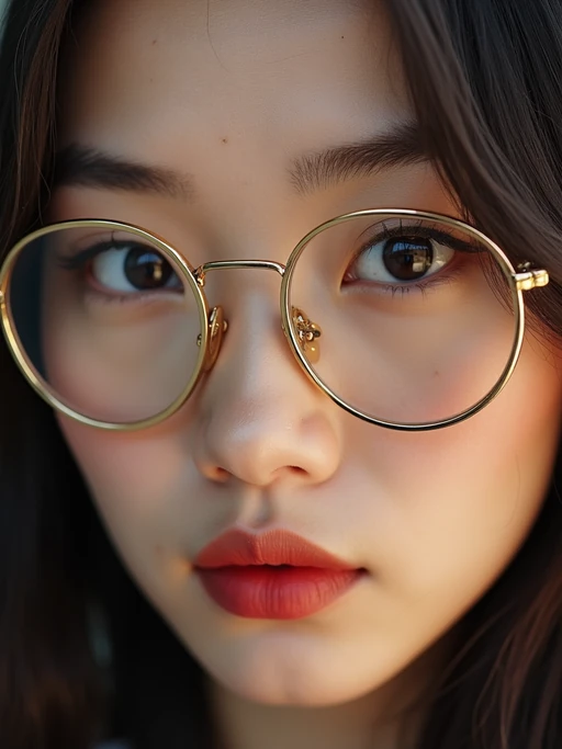 extreme close up portrait of model with gold rimmed glasses