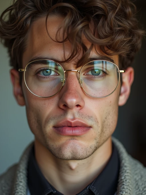extreme close up portrait of model with gold rimmed glasses